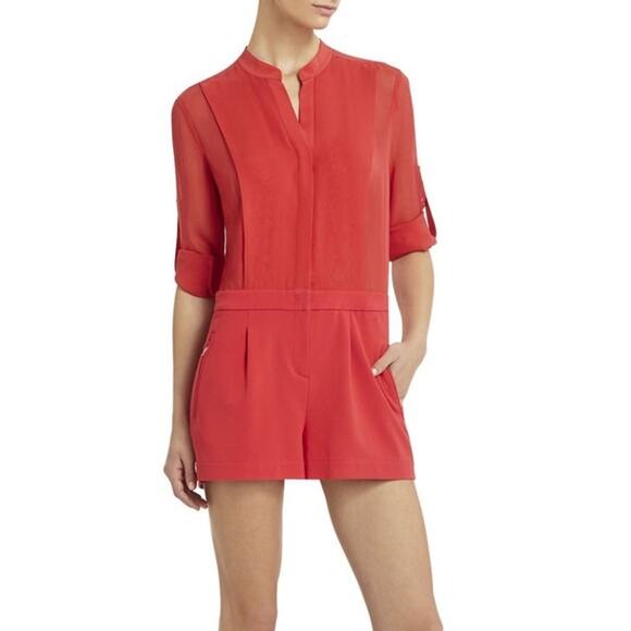 BCBGMaxAzria Pants - BCBGMAXAZRIA‎ Gisele Bib Romper with Zipper Pockets Red Sheer Size XS $248